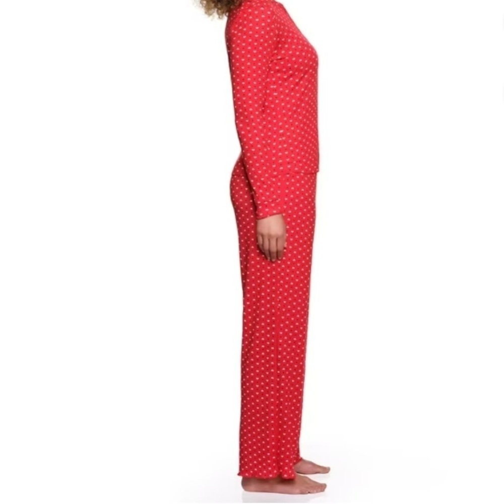 🤍LOFT Women’s Knit Henley Pajama Set Red with White Hearts, Elastic Waist - Picture 6 of 7